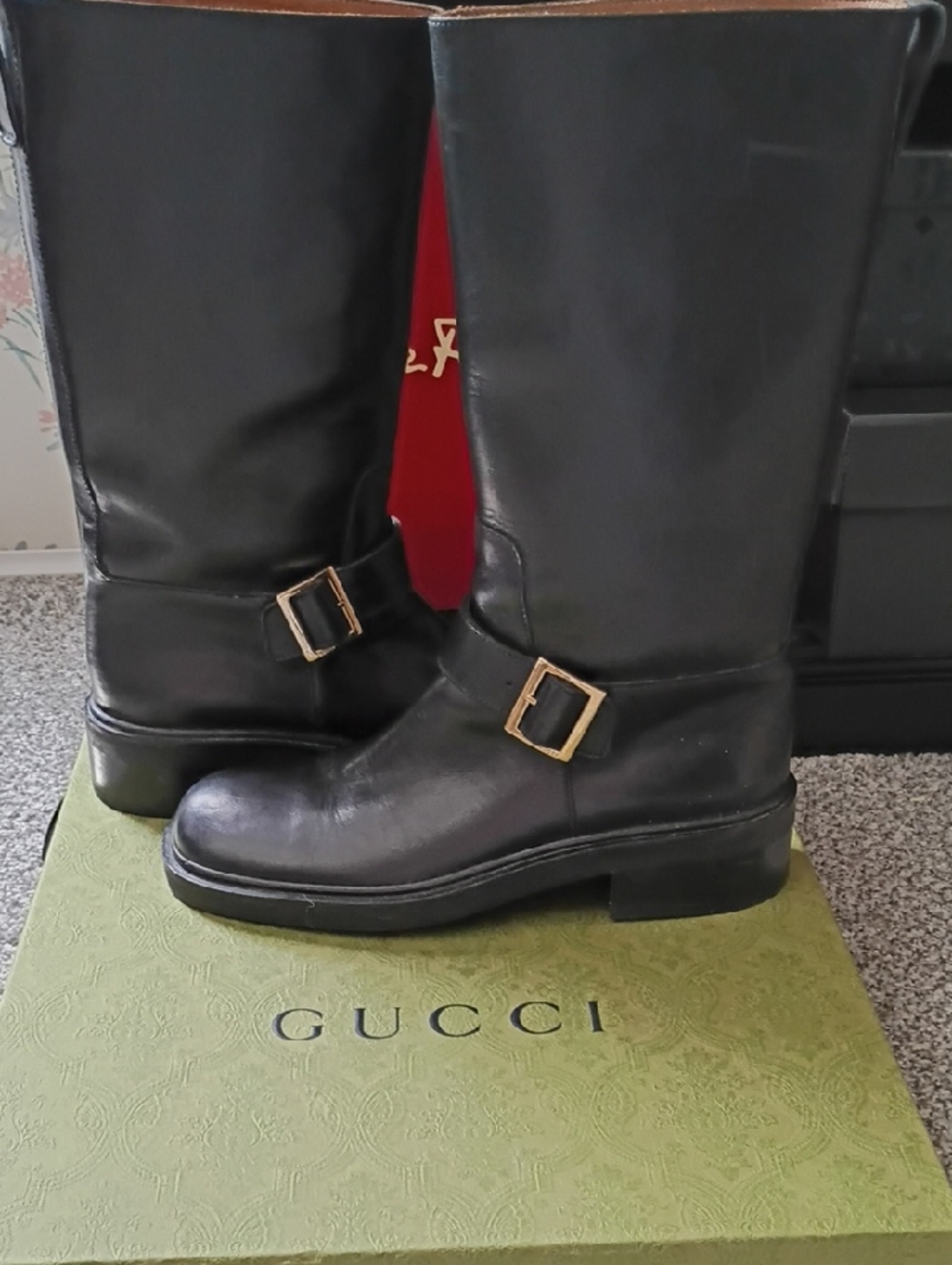 Authentic Gucci Black Mid-Calf Leather Heeled Boot with Gold Buckle. Like New.